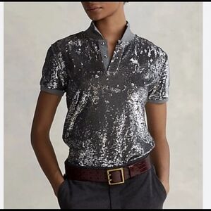 NEW Polo Ralph Lauren Silver Sequin Polo Shirt Size Small